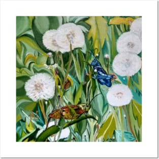 Grasshoppers and Dandelions (Oil Painting) Posters and Art